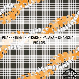 Puakenikeni and Pikake Lei on Palaka - Charcoal - Hawaii Seamless Pattern - Fabric Pattern PNG - Hawaii Sublimation Design - Vintage Hawaii