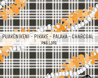 Puakenikeni and Pikake Lei on Palaka - Charcoal - Hawaii Seamless Pattern - Fabric Pattern PNG - Hawaii Sublimation Design - Vintage Hawaii