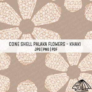 Puede incluir: Un patrón sin costuras que presenta un diseño repetitivo de flores de concha de cono estilizadas en color caqui. Las flores están delineadas en blanco y tienen un patrón de cuadros blancos y marrones.