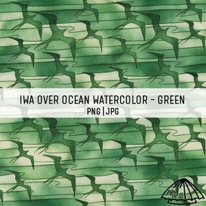 Iwa Over Ocean Watercolor - Green - Iwa Bird Seamless Repeating Pattern - Hawaii Sublimation - Background Seamless - Fabric Pattern PNG
