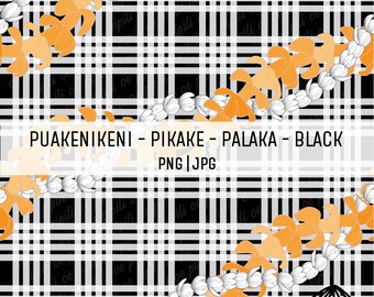 Puakenikeni and Pikake Lei on Palaka - Black - Hawaii Seamless Pattern - Fabric Pattern PNG - Hawaii Sublimation Design - Vintage Hawaii