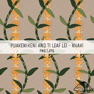 May include: A seamless pattern featuring a repeating design of yellow and orange flowers with green leaves on a khaki background. The text "PUAKENIKENI AND TI LEAF LEI - KHAKI PNG | JPG" is at the top of the image.