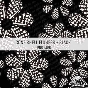 Cone Shell Flowers - Black - Sea Shell Pattern - Seamless Pattern for Sublimation - Hawaii Shell Seamless Pattern - Fabric Printing PNG