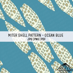 May include: A repeating pattern of miter shells in cream and tan against an ocean blue background. The image includes the text "MITER SHELL PATTERN - OCEAN BLUE JPG | PNG | PDF". The shells are arranged diagonally.