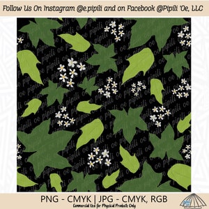 May include: A seamless pattern featuring green leaves and white flowers on a black background. The leaves are stylized and have a slightly textured appearance. The flowers are small and delicate, with five petals each. The pattern is repeated throughout the image.