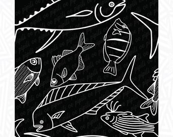 Hawaii Fish Pattern - Black - Ahi Seamless Pattern - Ocean Fish Repeating Design - Digital Download - Menpachi Pattern - Aholehole PNG - JPG