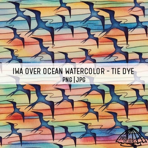 Iwa Over Ocean Watercolor - Tie Dye - Iwa Bird Seamless Repeating Pattern - Hawaii Sublimation - Background Seamless - Fabric Pattern PNG