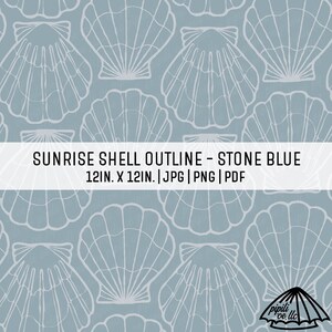 Könnte beinhalten: Ein sich wiederholendes Muster aus weißen Muschelkonturen auf einem steingrauen Hintergrund. Der Text "SUNRISE SHELL OUTLINE - STONE BLUE" wird zusammen mit den Maßen "12in x 12in" und Dateitypinformationen angezeigt.