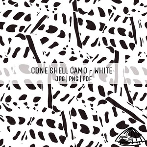 May include: A white background with a repeating black pattern of organic shapes and lines, resembling camouflage. The text "CONE SHELL CAMO - WHITE" is centered, with file type options below.