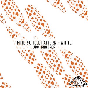 Könnte beinhalten: Weißer Hintergrund mit einem sich wiederholenden Muster aus orangefarbenen, oval geformten Designs, die mit kleineren orangefarbenen Punkten übersät sind. Der Text "MITER SHELL PATTERN - WHITE" wird zusammen mit "JPG | PNG | PDF" angezeigt. Ein Logo befindet sich in der unteren rechten Ecke.