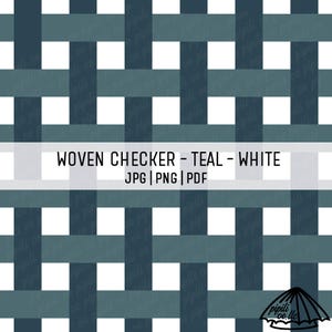 May include: A teal and white woven checker pattern. The design features a grid-like arrangement of teal and white squares, creating a textured appearance. The text "WOVEN CHECKER - TEAL - WHITE" is displayed across the center, along with file type indicators.
