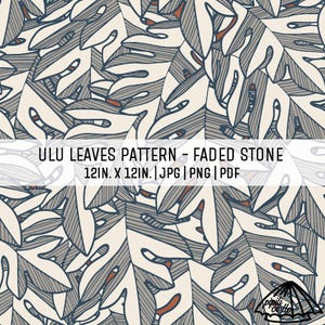 May include: A repeating pattern of stylized Monstera leaves in shades of gray, cream, and rust. The leaves are outlined in dark gray with detailed veining. The text "ULU LEAVES PATTERN - FADED STONE 12IN. X 12IN. | JPG | PNG | PDF" is displayed across the bottom.