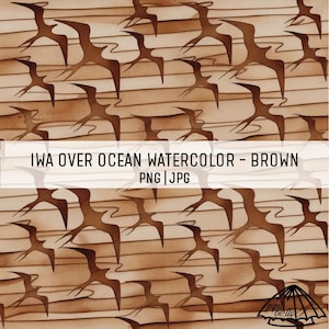 Iwa Over Ocean Watercolor - Brown - Iwa Bird Seamless Repeating Pattern - Hawaii Sublimation - Background Seamless - Fabric Pattern PNG