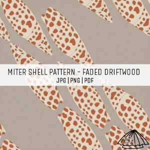 Könnte beinhalten: Ein sich wiederholendes Muster aus Mitra-Muscheln in Creme- und Brauntönen. Die Muscheln sind länglich mit einem gesprenkelten Design. Der Text "MITER SHELL PATTERN - FADED DRIFTWOOD" wird zusammen mit Dateitypinformationen angezeigt.