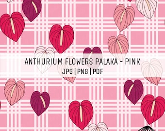Patrón de flor de anturio sobre palaka con fondo rosa - Patrón sin costuras - Archivo PNG sin costuras descargable - Diseño PDF de sublimación hawaiana