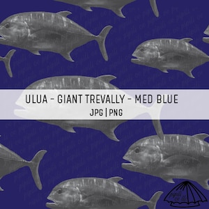 Ulua - Giant Trevally Pattern - Med Blue - Seamless Repeating Pattern - Sublimation - Hawaii Fish Pattern for Custom Fabric - Background PNG