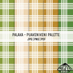 Könnte beinhalten: Ein digitales Design mit vier Karomustern in Grün-, Beige- und Goldtönen. Der Text "PALAKA - PUAKENIKENI PALETTE" wird in der Mitte angezeigt, darunter "JPG | PNG | PDF". Ein Logo befindet sich in der unteren rechten Ecke.