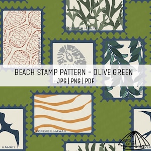 May include: A repeating pattern of postage stamps with beach-themed designs in olive green, navy blue, and cream. The stamps feature illustrations of shells, plants, and abstract shapes. The text "FOREVER HAWAII" is visible on some stamps. The text "BEACH STAMP PATTERN - OLIVE GREEN" is also present.