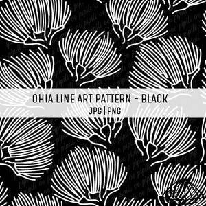 May include: Black and white line art pattern featuring a repeating design of stylized ohia flower buds. The pattern is seamless and can be used for various creative projects.