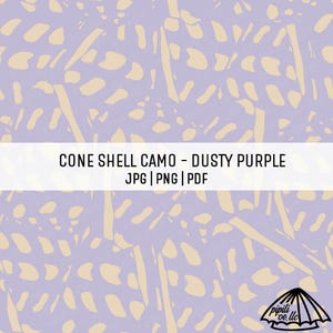 May include: A digital pattern design titled "Cone Shell Camo - Dusty Purple." The design features a repeating pattern of beige shapes on a light purple background. The image includes file type options: JPG, PNG, and PDF.