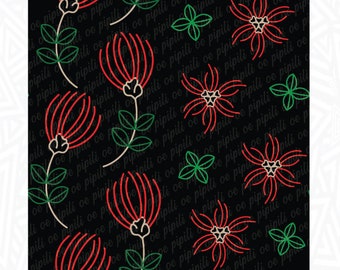 Puede incluir: Un patrón sin costuras con flores estilizadas rojas y verdes sobre un fondo negro. Las flores están delineadas en beige. El texto "Follow Us On Instagram @e.pipili and on Facebook @Pipili 'Oe, LLC" está en la parte superior de la imagen.