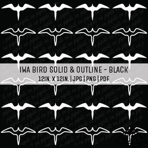 May include: Black and white repeating pattern of stylized bird silhouettes. The text "IWA BIRD SOLID & OUTLINE - BLACK" is displayed, along with dimensions of 12 inches by 12 inches. File formats include JPG, PNG, and PDF.