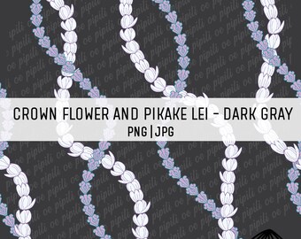 Crown Flower and Pikake Lei Pattern - Dark Gray - Seamless Pattern - Hawaii Sublimation - Custom Fabric Design PNG - Hawaiian Flower Design