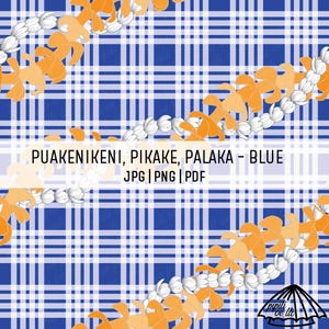 Puakenikeni and Pikake Lei on Palaka - Blue - Hawaii Seamless Pattern - Fabric Pattern PNG - Hawaii Sublimation Design - Vintage Hawaii