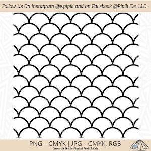 May include: Black and white seamless pattern of overlapping half circles, creating a fish scale design.  The pattern is on a white background.