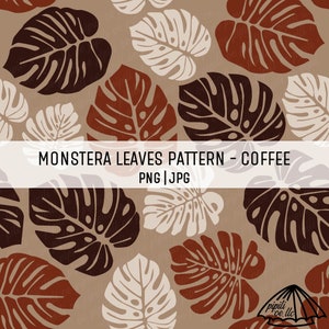 May include: A seamless pattern featuring brown, white, and red monstera leaves on a beige background. The pattern is titled "Monstera Leaves Pattern - Coffee PNG | JPG".