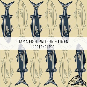 May include: A repeating pattern of stylized fish in navy blue and light beige. The fish are arranged in rows, with alternating colours. The text "OAMA FISH PATTERN - LINEN" is displayed above the pattern, along with file type options.