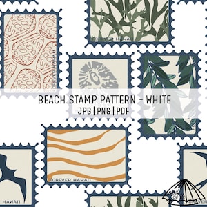 May include: A repeating pattern of postage stamps with various beach-themed designs. The stamps feature images of shells, plants, and abstract shapes in shades of green, orange, and grey, set against a white background. The text "FOREVER HAWAII" is visible on some stamps. The text "BEACH STAMP PATTERN - WHITE" is also visible.