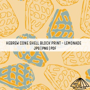 May include: A repeating pattern of stylized cone shell illustrations in shades of yellow, blue, and orange. The design includes the text "HEBREW CONE SHELL BLOCK PRINT - LEMONADE JPG | PNG | PDF". The overall theme is a nautical or beach-inspired design.