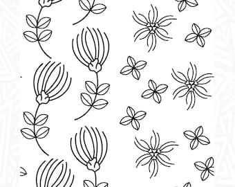 Puede incluir: Diseño floral en blanco y negro con líneas que presenta una variedad de flores y hojas. El diseño es perfecto para crear patrones, fondos o ilustraciones.