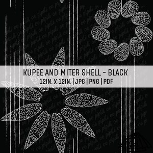 Op de afbeelding: Een zwarte digitale afbeelding met witte lijntekeningen van Kupee- en miterschelpen in cirkelvormige patronen. De tekst luidt KUPEE AND MITER SHELL - BLACK 30,48CM X 30,48CM | JPG | PNG | PDF, op een achtergrond met verticale witte lijnen.