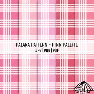 Peut inclure: Motif à carreaux roses avec des lignes blanches, dans différentes nuances de rose. Le texte "PALAKA PATTERN - PINK PALETTE" est affiché, ainsi que "JPG | PNG | PDF". Idéal pour les projets numériques ou imprimés.