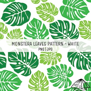 Peut inclure: Un motif répétitif de feuilles de Monstera vertes sur fond blanc. Les feuilles, de différentes nuances de vert, présentent un design caractéristique à feuilles fendues. Le texte "MONSTERA LEAVES PATTERN - WHITE" est affiché.