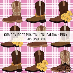 May include: A digital illustration of brown cowboy boots with floral and decorative accents. Some boots have yellow flower embellishments or a gold chain. The text "COWBOY BOOT PUAKENIKENI PALAKA - PINK" is displayed.