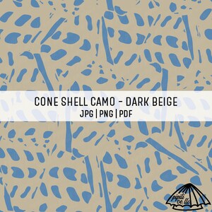 May include: A digital pattern with a dark beige backdrop and blue abstract shapes and lines. The text "CONE SHELL CAMO - DARK BEIGE" is displayed in a white banner. The image also includes "JPG | PNG | PDF" and a logo.