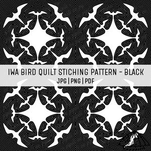 May include: Black and white quilt stitching pattern featuring a repeating bird design. The pattern includes the text "IWA BIRD QUILT STICHING PATTERN - BLACK JPG | PNG | PDF". The design is symmetrical and suitable for quilting projects.