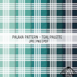 May include: A teal palette Palaka pattern design with white vertical and horizontal lines. The image includes the text "PALAKA PATTERN - TEAL PALETTE JPG | PNG | PDF". The design is a repeating plaid pattern.