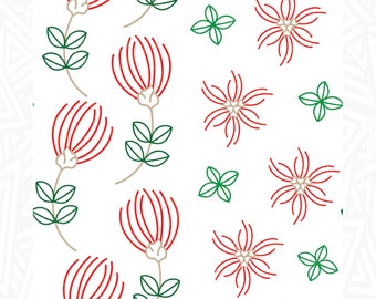 Puede incluir: Un patrón sin costuras con flores estilizadas rojas y verdes. Las flores están delineadas en negro y tienen un centro blanco. El fondo es blanco.