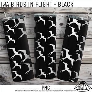 Iwa Birds in Flight Sublimation Wrap - Black - 20oz Tumbler Wrap PNG - Hawaii Sublimation Design - Tropical Floral Wrap - Seamless PNG