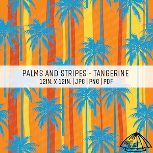 May include: A vibrant pattern featuring blue palm trees against a background of orange, yellow, and red vertical stripes. The design includes the text "PALMS AND STRIPES - TANGERINE" and measures 12 inches by 12 inches.