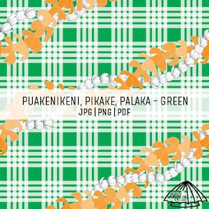 Puakenikeni and Pikake Lei on Palaka - Green - Hawaii Seamless Pattern - Fabric Pattern PNG - Hawaii Sublimation Design - Old Hawaii Design