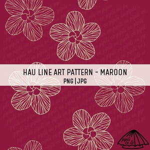 May include: Maroon floral pattern with white line art flowers. The image includes the text "HAU LINE ART PATTERN - MAROON" and "PNG | JPG". The design features a repeating pattern of stylized flowers, suitable for various design applications.