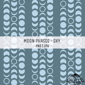 May include: A seamless pattern featuring various phases of the moon in white on a blue background. The text "MOON PHASES - SKY PNG|JPG" is centered at the top of the image.