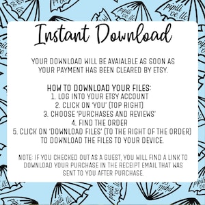 Puede incluir: Un fondo azul con texto blanco que explica c&oacute;mo descargar archivos digitales comprados en Etsy. El texto incluye instrucciones sobre c&oacute;mo iniciar sesi&oacute;n en tu cuenta de Etsy, encontrar tus compras y descargar los archivos. El texto tambi&eacute;n incluye una nota para los invitados que realizaron la compra sin una cuenta.