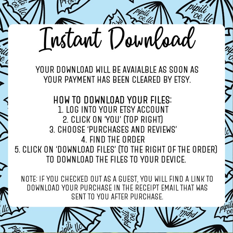 Puede incluir: Un fondo azul con texto blanco que explica c&oacute;mo descargar archivos digitales comprados en Etsy. El texto incluye instrucciones sobre c&oacute;mo iniciar sesi&oacute;n en tu cuenta de Etsy, encontrar tus compras y descargar los archivos. El texto tambi&eacute;n incluye una nota para los invitados que realizaron la compra sin una cuenta.