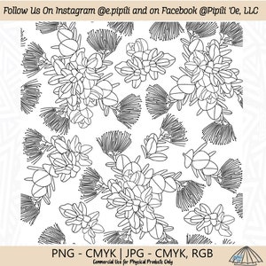 May include: Black and white line art illustration of a repeating pattern of stylized flowers. The flowers have a feathery texture and are arranged in a symmetrical pattern.